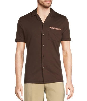 Murano Crocodile World Collection Slim Fit Embroidered Pocket Short Sleeve Woven Camp Shirt