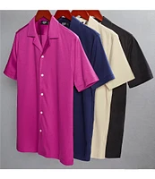 Murano Liquid Luxury Slim Fit Solid Coatfront Short Sleeve Woven Camp Shirt