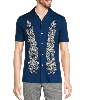 Murano Modern Maritime Collection Slim Fit Placed Print Short Sleeve Woven Camp Shirt