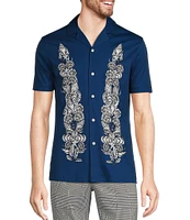 Murano Modern Maritime Collection Slim Fit Placed Print Short Sleeve Woven Camp Shirt