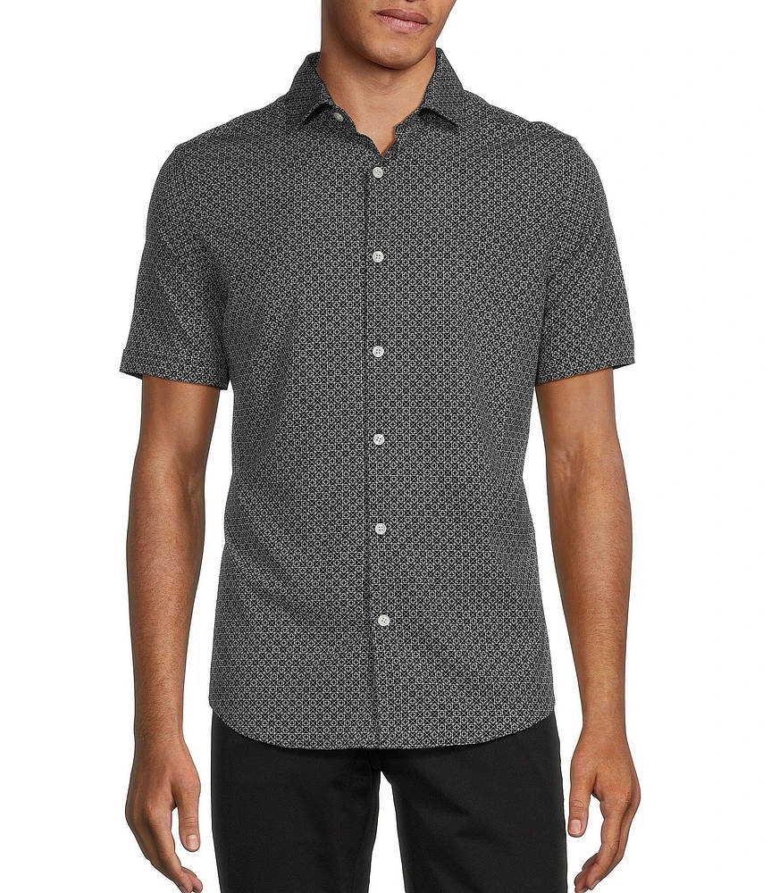 Murano Slim Fit Performance Stretch Line Print Short Sleeve Woven Shirt