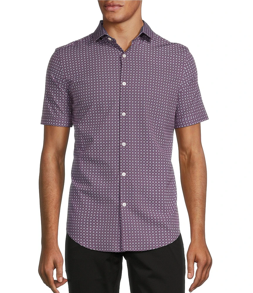 Murano Slim Fit Performance Stretch Square Print Short Sleeve Woven Shirt