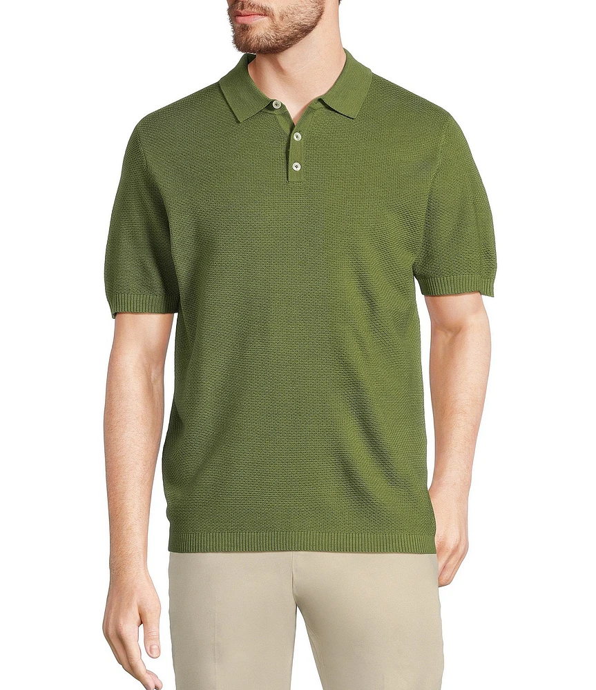 Murano Solid Textured Short Sleeve Knit Polo Sweater