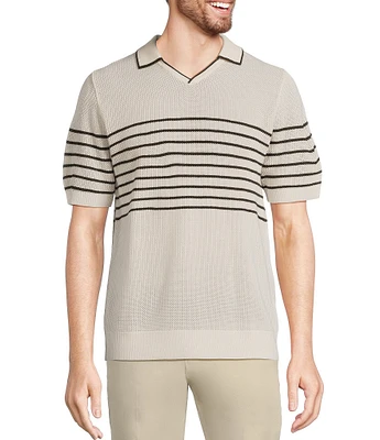 Murano Striped Johnny Collar Short Sleeve Sweater Knit Polo Shirt