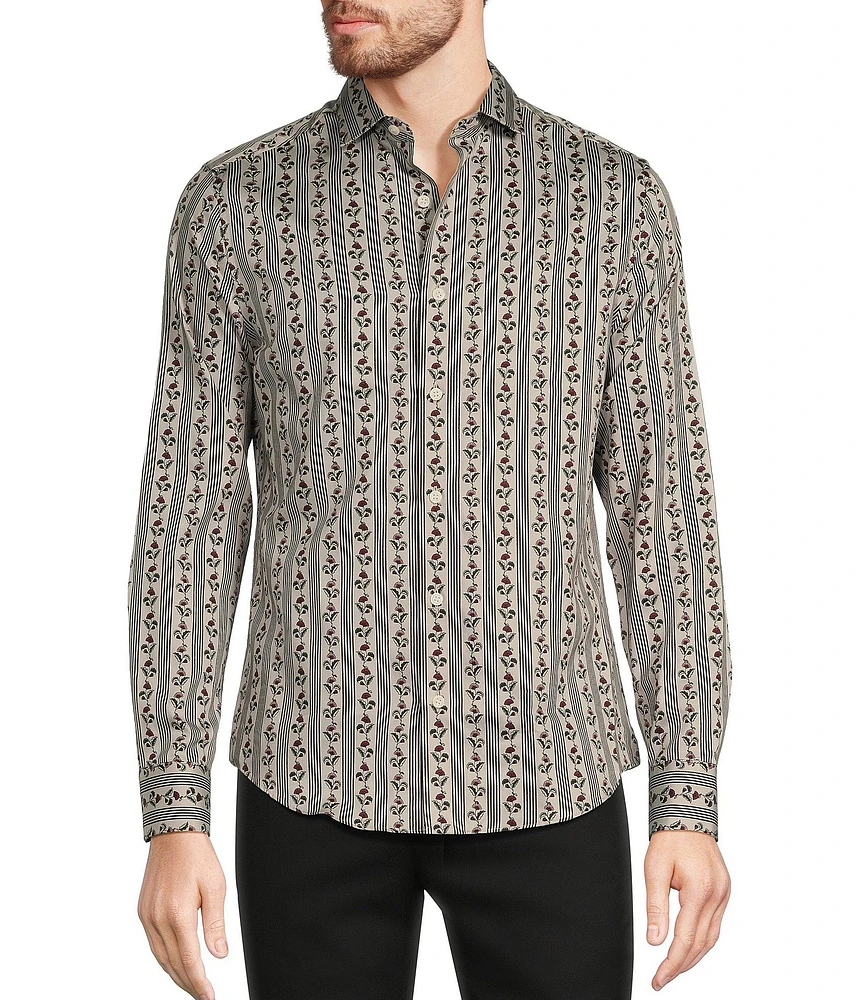 Murano Timeless Twenties Collection Slim Fit Sateen Spread Collar Floral Stripe Long Sleeve Woven Shirt