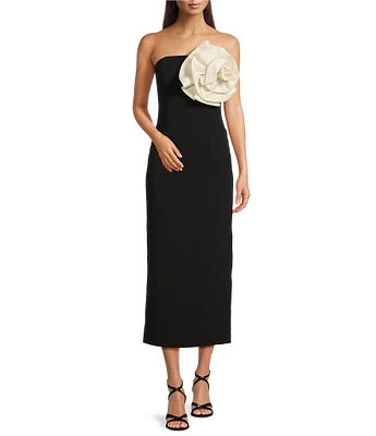 Muse by Marchesa Camelia Crepe Strapless Neck Sleeveless Rosette Bodycon Midi Dress