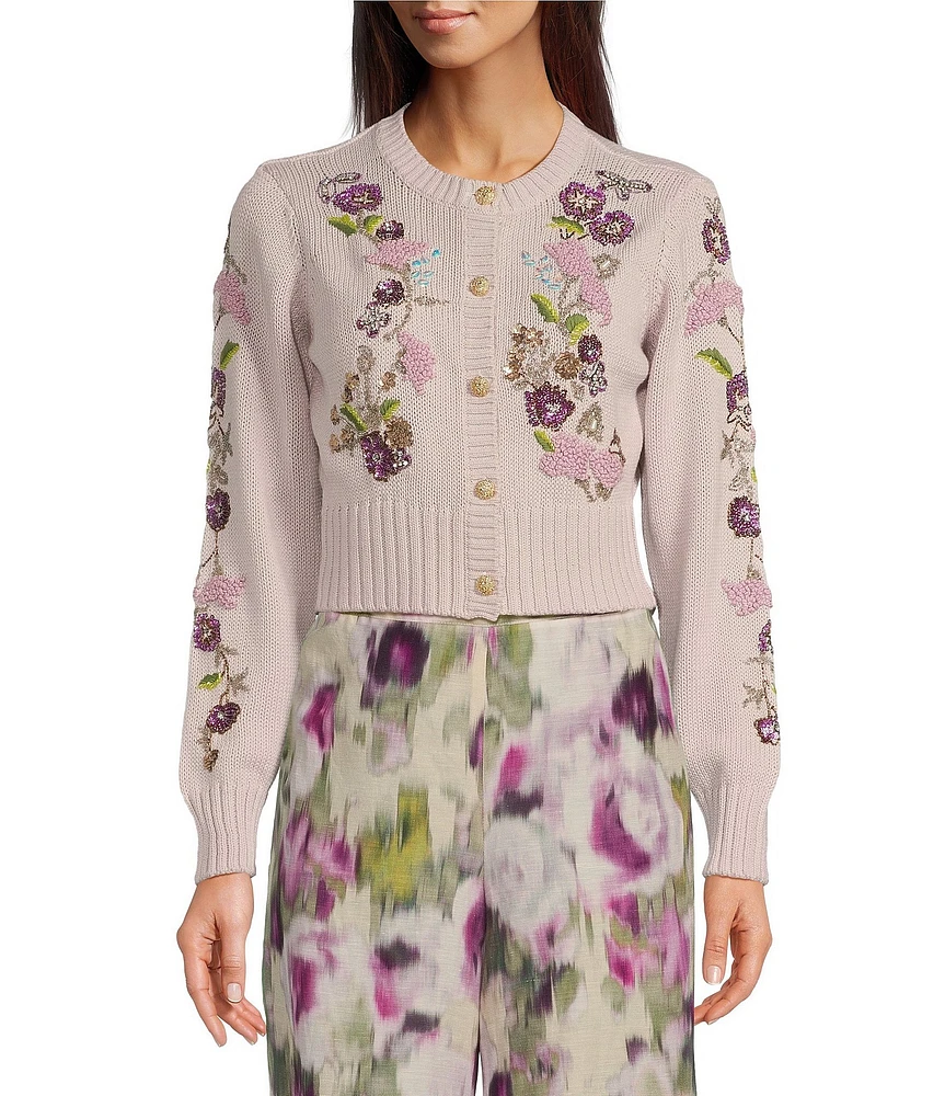 Muse by Marchesa Cara Cotton Blend Crew Neck Long Sleeve Applique Cardigan