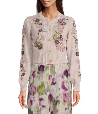 Muse by Marchesa Cara Cotton Blend Crew Neck Long Sleeve Applique Cardigan