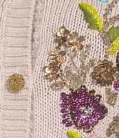 Muse by Marchesa Cara Cotton Blend Crew Neck Long Sleeve Applique Cardigan