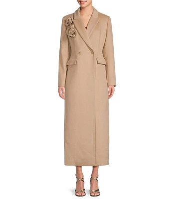 Muse by Marchesa Cedar Wool Blend Ombre 3D Floral Rosettes Long Sleeve Double Breasted Blazer Long Line Trench Coat