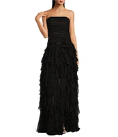 Muse by Marchesa Dahlia Chiffon Ruched Cascading Ruffle Strapless A-Line Maxi Dress