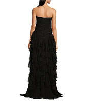 Muse by Marchesa Dahlia Chiffon Ruched Cascading Ruffle Strapless A-Line Maxi Dress