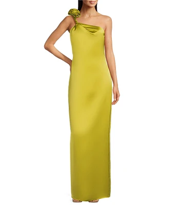 Muse by Marchesa Fleur Satin 3D Rosette Asymmetrical One Side Shoulder Strap Slip Maxi Dress