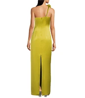 Muse by Marchesa Fleur Satin 3D Rosette Asymmetrical One Side Shoulder Strap Slip Maxi Dress