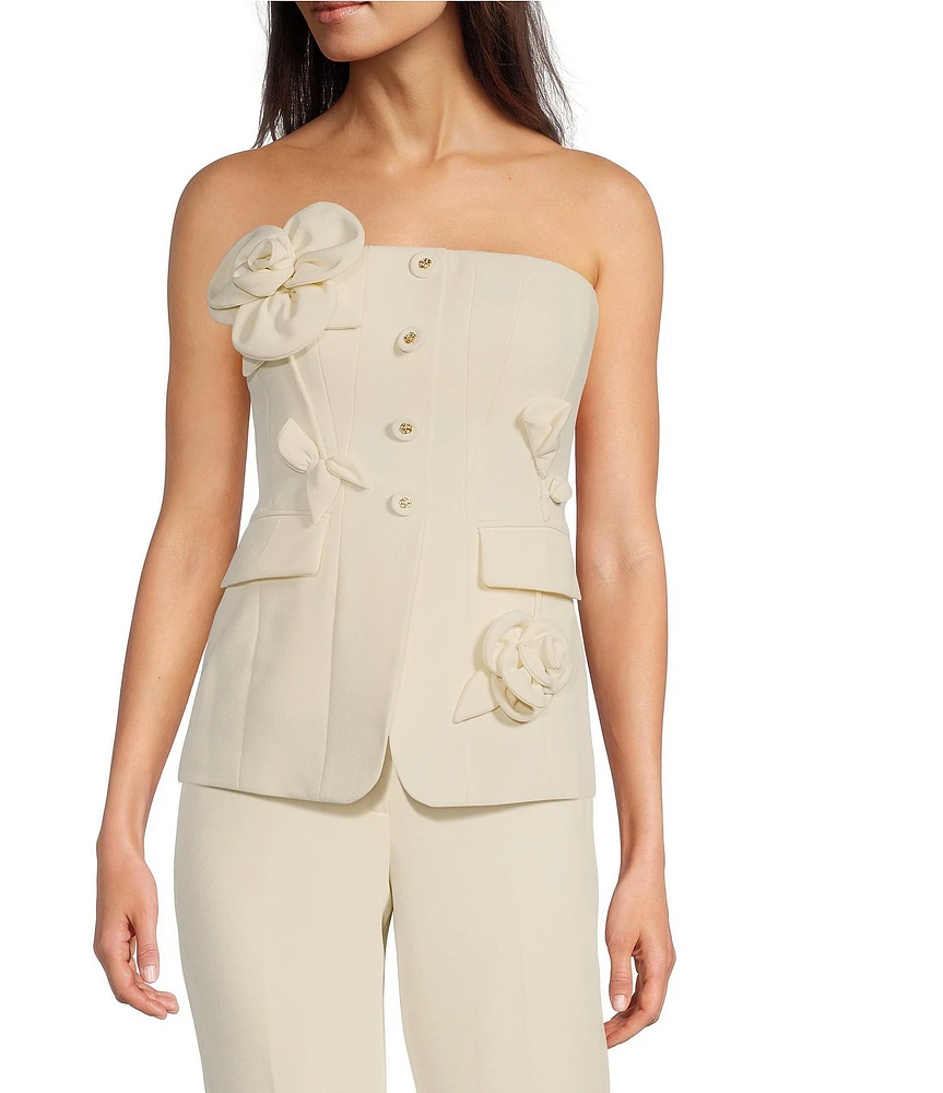 Muse by Marchesa Flora Stretch Crepe Applique Strapless Button-Up Vest