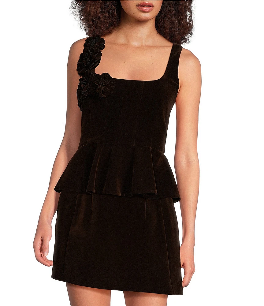 Muse by Marchesa Grove Woven Velvet 3D Rosettes Scoop Neck Tank Strap Peplum Coordinating Top