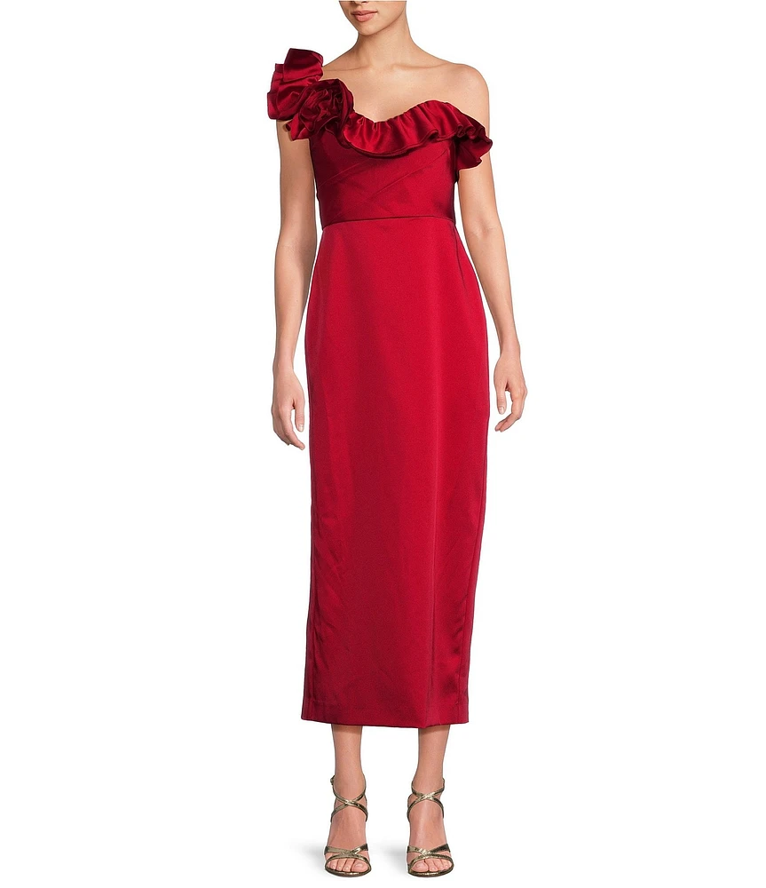 Muse by Marchesa Holly Satin 3D Floral Carnation Ruched Sweetheart Neck Asymmetrical One Shoulder Sheath Midi Dress