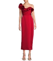 Muse by Marchesa Holly Satin 3D Floral Carnation Ruched Sweetheart Neck Asymmetrical One Shoulder Sheath Midi Dress