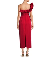 Muse by Marchesa Holly Satin 3D Floral Carnation Ruched Sweetheart Neck Asymmetrical One Shoulder Sheath Midi Dress