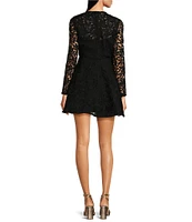 Muse by Marchesa Iris Schiffli Lace Floral Embroidered Round Neck Long Sleeve Fit and Flare Mini Dress