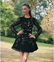 Muse by Marchesa Iris Schiffli Lace Floral Embroidered Round Neck Long Sleeve Fit and Flare Mini Dress