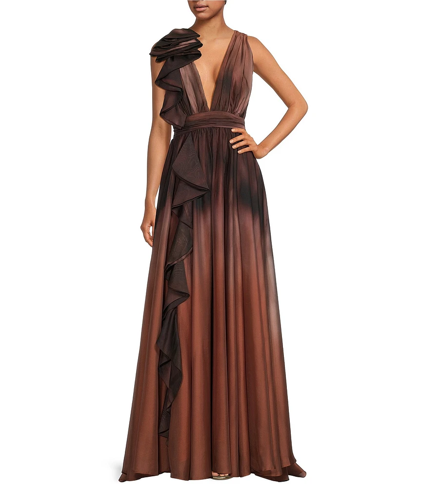 Muse by Marchesa Lily Organza Ombre 3D Cascading Ruffle V-Neck Sleeveless A-Line Gown