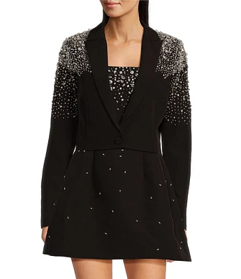 Muse by Marchesa Moonflower Crepe Jeweled Beaded Pearl Notch Lapel Long Sleeve Button Front Cropped Coordinating Blazer