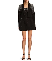 Muse by Marchesa Moonflower Crepe Jeweled Beaded Pearl Notch Lapel Long Sleeve Button Front Cropped Coordinating Blazer