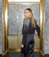 Muse by Marchesa Moonflower Crepe Jeweled Beaded Pearl Notch Lapel Long Sleeve Button Front Cropped Coordinating Blazer