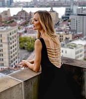 Muse by Marchesa Odessa Velvet Open Jeweled Back Boat Neck Sleeveless Bodycon Flounce Full Length Small Scale Train Gown