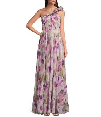 Muse by Marchesa Posey Chiffon One Shoulder Neck Sleeveless Applique Maxi Dress