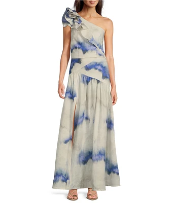 Muse by Marchesa Ren Dye Print Two Piece Linen One Shoulder Top & Skirt Set