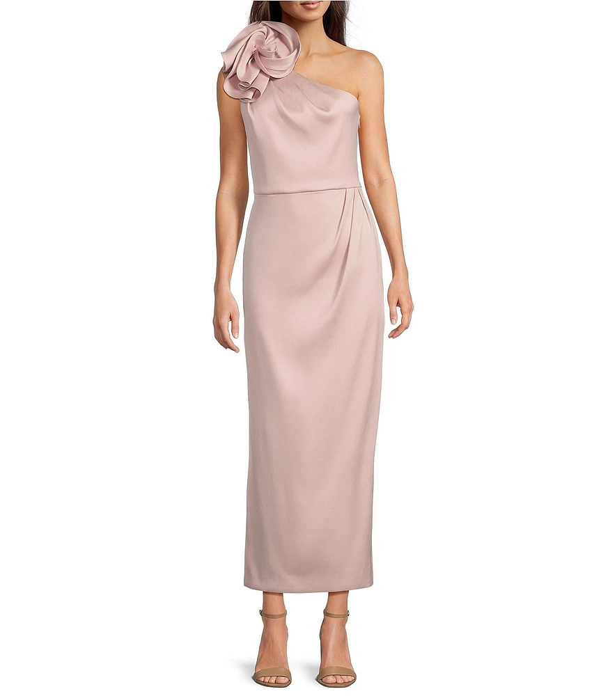Muse by Marchesa Rhoda Luxe Satin One Shoulder Neck Sleeveless Rosette Pencil Midi Dress