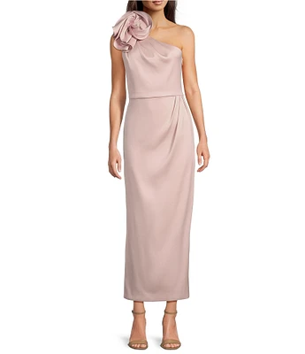 Muse by Marchesa Rhoda Luxe Satin One Shoulder Neck Sleeveless Rosette Pencil Midi Dress