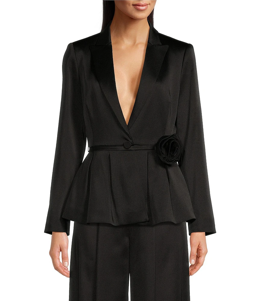 Muse by Marchesa Rose Satin 3D Rosette Notch Lapel Long Sleeve Belted Waist Peplum Coordinating Blazer