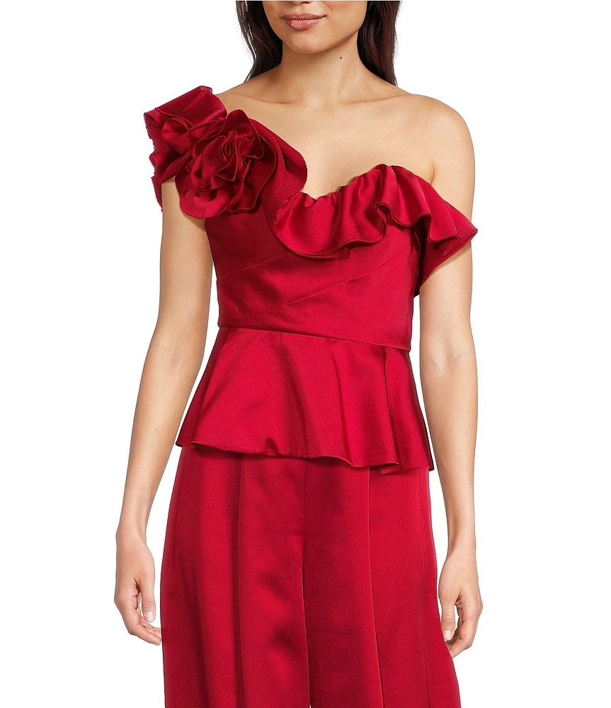 Muse by Marchesa Satin 3D Floral Carnation Ruched Sweetheart Neck Asymmetrical One Shoulder Peplum Coordinating Top