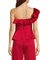 Muse by Marchesa Satin 3D Floral Carnation Ruched Sweetheart Neck Asymmetrical One Shoulder Peplum Coordinating Top