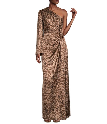 Muse by Marchesa Senna Leopard Print Silk Asymmetrical One Side Long Sleeve Twist Front Slip Maxi Dress