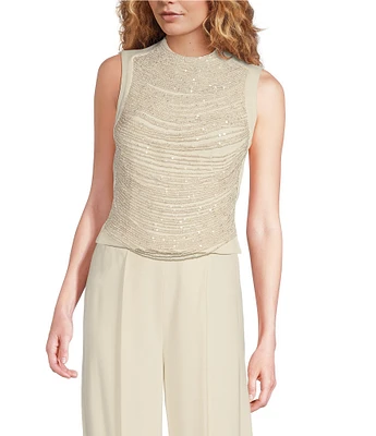 Muse by Marchesa Snowdrop Woven Pearl Rhinestone Mock Neck Sleeveless Fitted Blouse