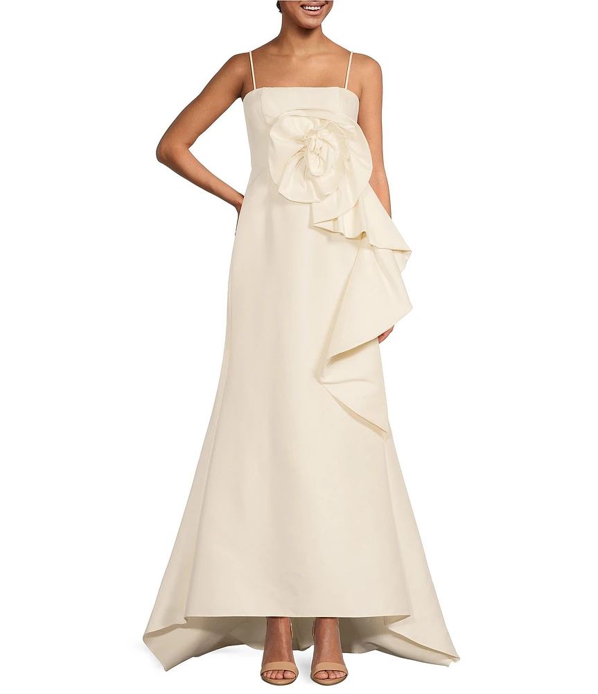 Muse by Marchesa Stretch Mikado 3D Rosette Running Side Ruffle Straight Neck Spaghetti Strap Fit and Flare Gown