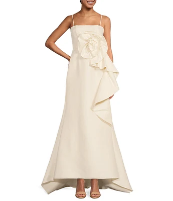 Muse by Marchesa Stretch Mikado 3D Rosette Running Side Ruffle Straight Neck Spaghetti Strap Fit and Flare Gown