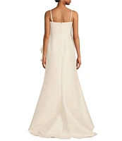 Muse by Marchesa Stretch Mikado 3D Rosette Running Side Ruffle Straight Neck Spaghetti Strap Fit and Flare Gown