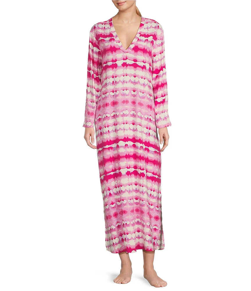 N By Natori 3/4 Sleeve V-Neck Printed Crinkle Caftan