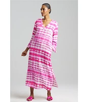 N By Natori 3/4 Sleeve V-Neck Printed Crinkle Caftan