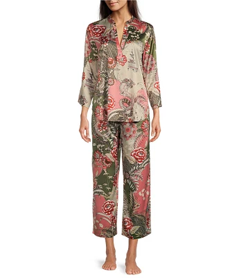 N by Natori Allover Printed Satin 3/4 Sleeve Mandarin Collar Pajama Set