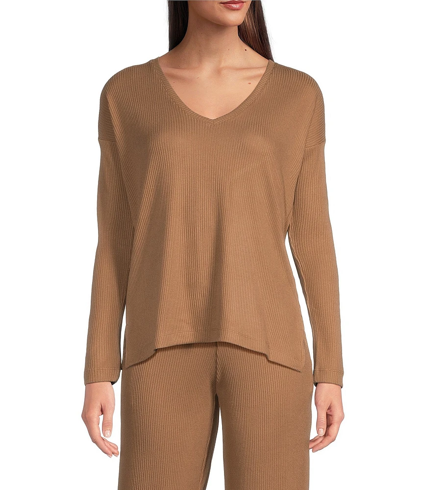 N By Natori Brushed Knit Long Sleeve V-Neck Coordinating Lounge Top