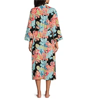 N By Natori Cozy Knit Garden Print Long Sleeve Shawl Collar Wrap Robe