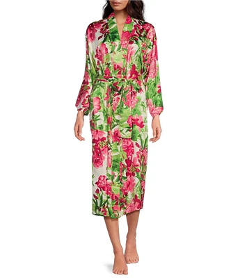 N by Natori Enchanted Peony Long Sleeve Shawl Collar Coordinating Satin Robe