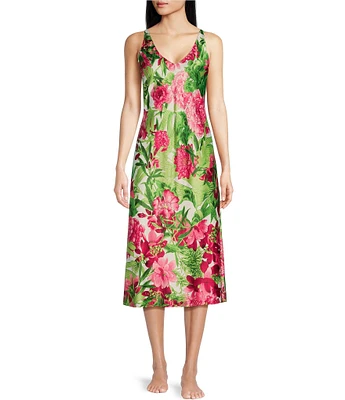 N by Natori Enchanted Peony Sleeveless V-Neck Coordinating Satin Nightgown