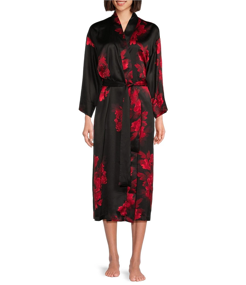 N by Natori Floral Printed Long Sleeve Shawl Collar Coordinating Satin Robe